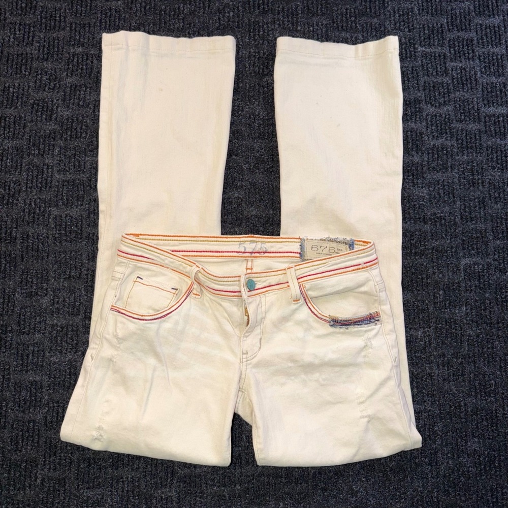 575 Denim Women Cream Rainbow Stitch Patchwork Jeans Size 28 Made in LA Boho
